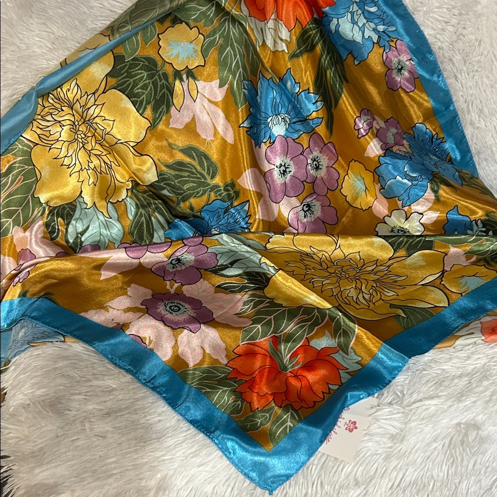 Orchid Love Floral Silk Scarf with Blue Accent